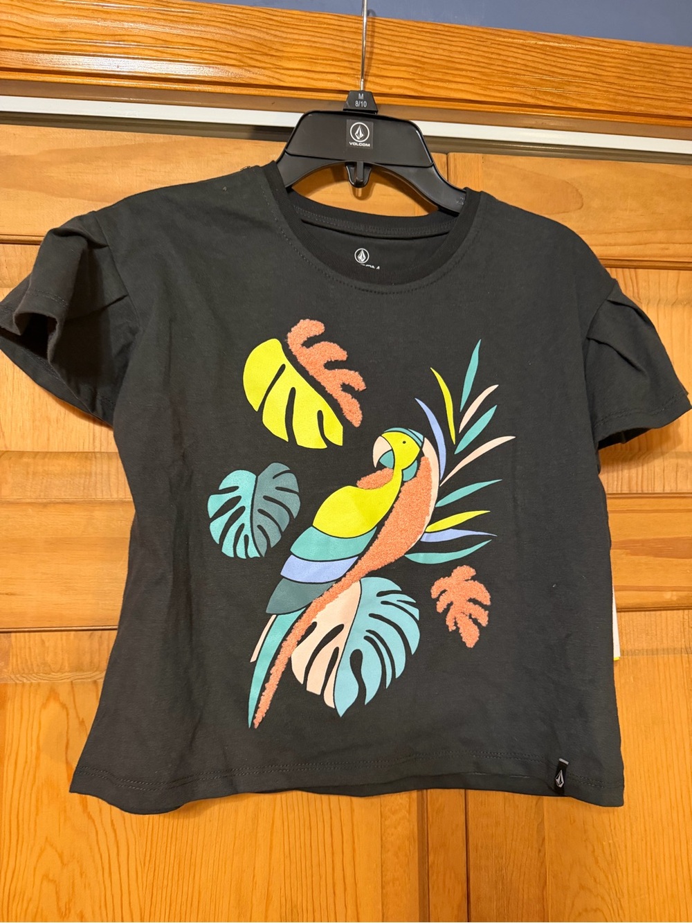 Volcom Black Tee with Multicolor Parrot Graphic